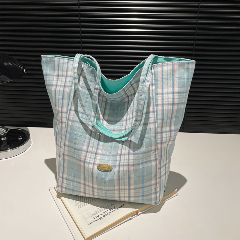 Korean style ins checkered canvas bag for women 2025 new large-capacity tote bag, student casual commuting single-shoulder bag details Picture