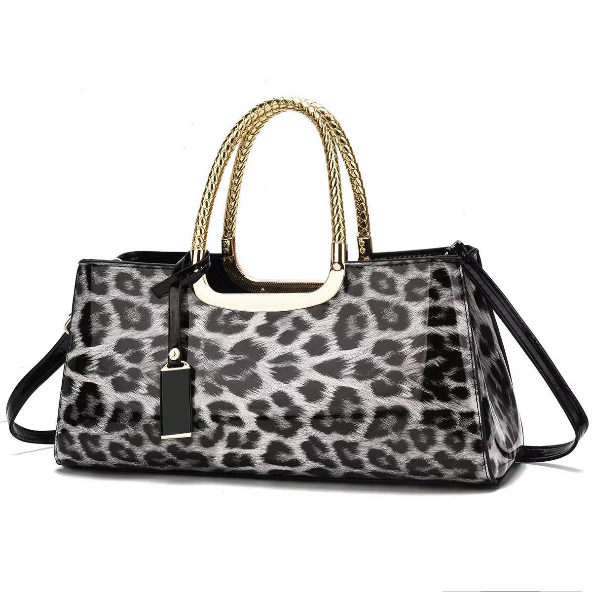Leopard print stylish evening handbag, 2025 new large-capacity Boston bag, women's single-shoulder bag, embossed shiny leather, slanted full figure