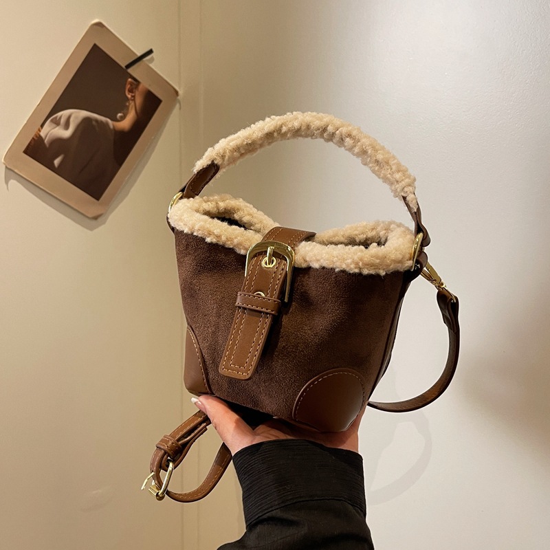 Lambskin mini bucket bag, Maillard suede retro handbag, 2024 new style, fashionable single-shoulder crossbody small bag full figure