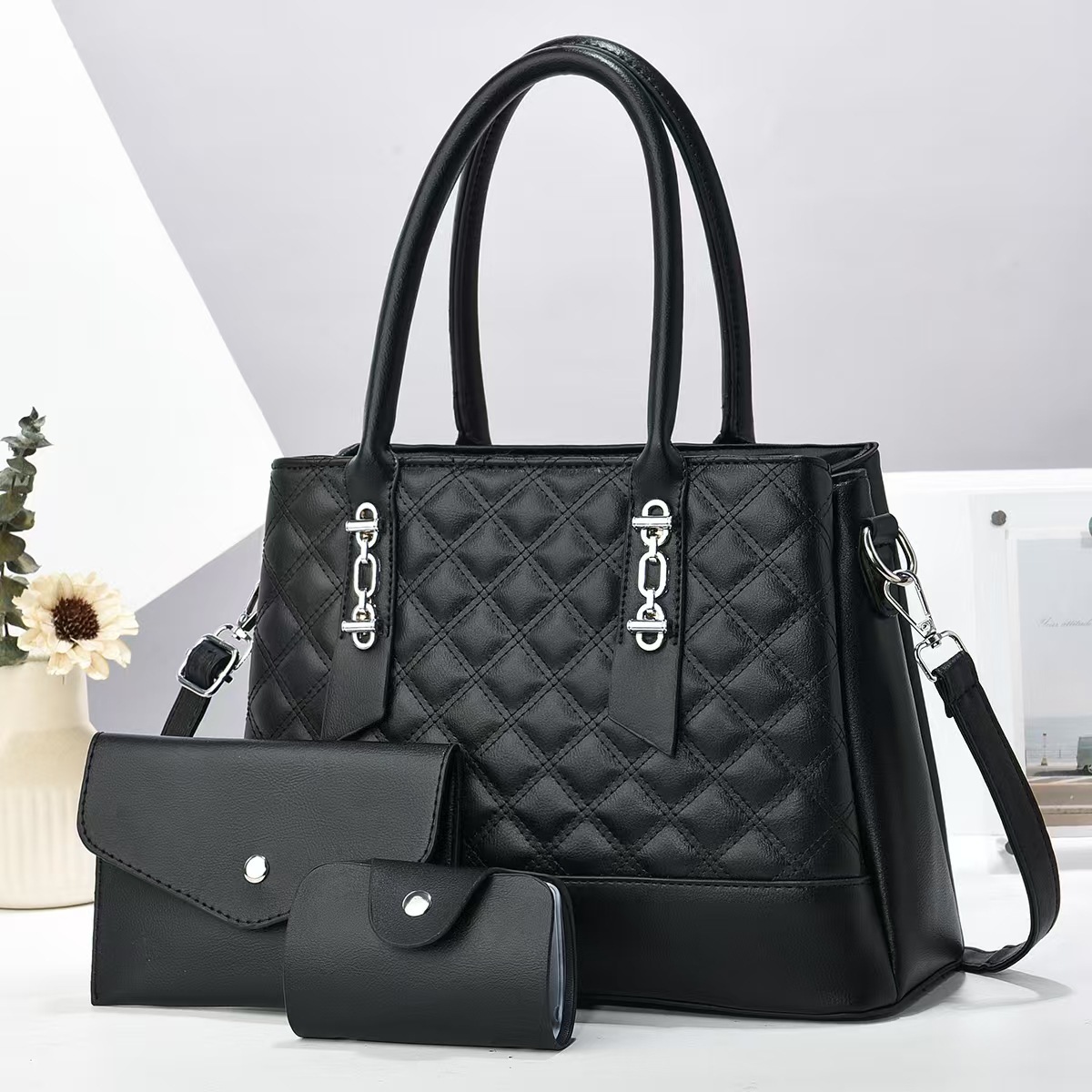 New diamond-shaped checkered mother bag three-piece set, multi-layer large-capacity fashionable handbag, cross-border versatile single-shoulder bag, crossbody bag full figure