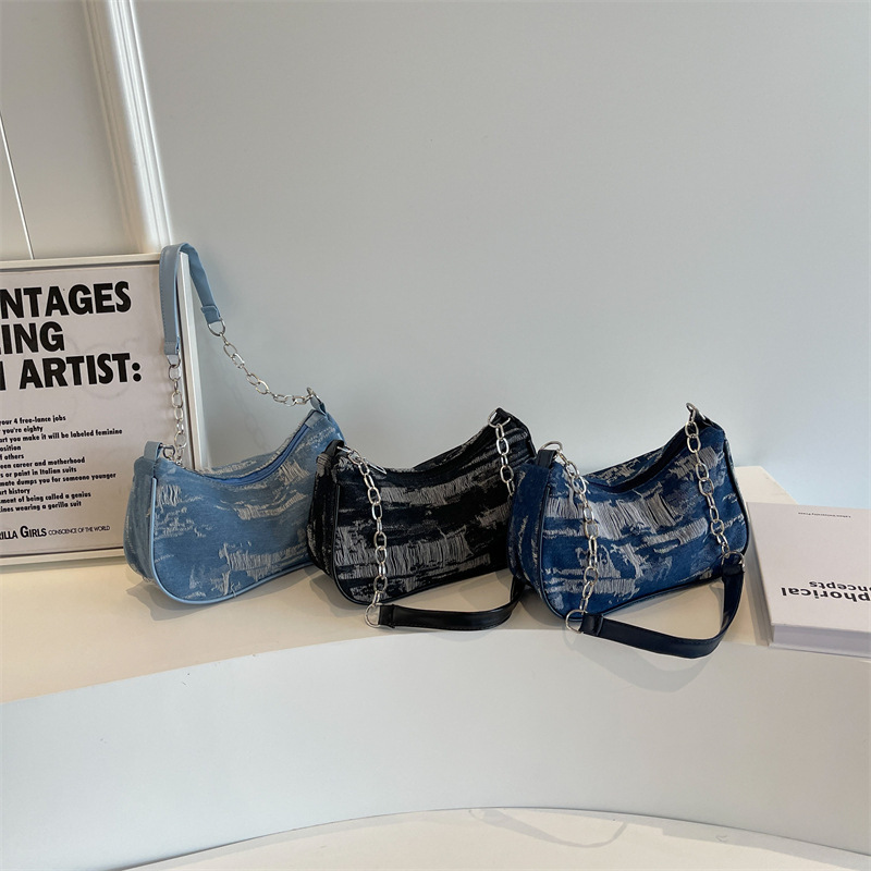 Denim underarm bag for women 2023 new style small shoulder bag, retro large capacity chain shoulder bag, lightweight canvas bag details Picture