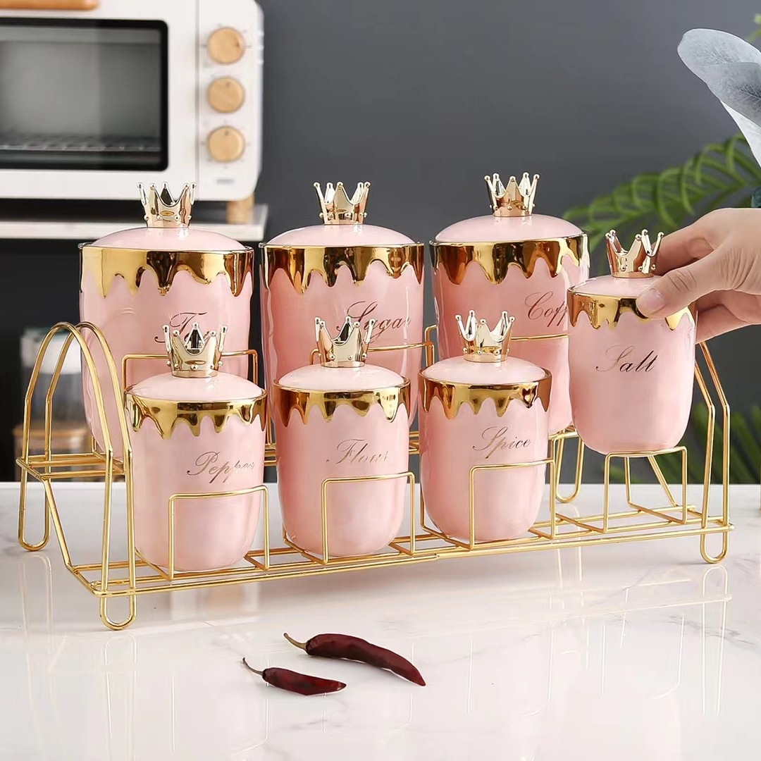  简约 轻奢 家用 北欧风创意收纳带盖密封电镀金调味罐 置物架 盐味精罐子 厨房套装 个性 盐调料品 玻璃密封罐 收纳罐