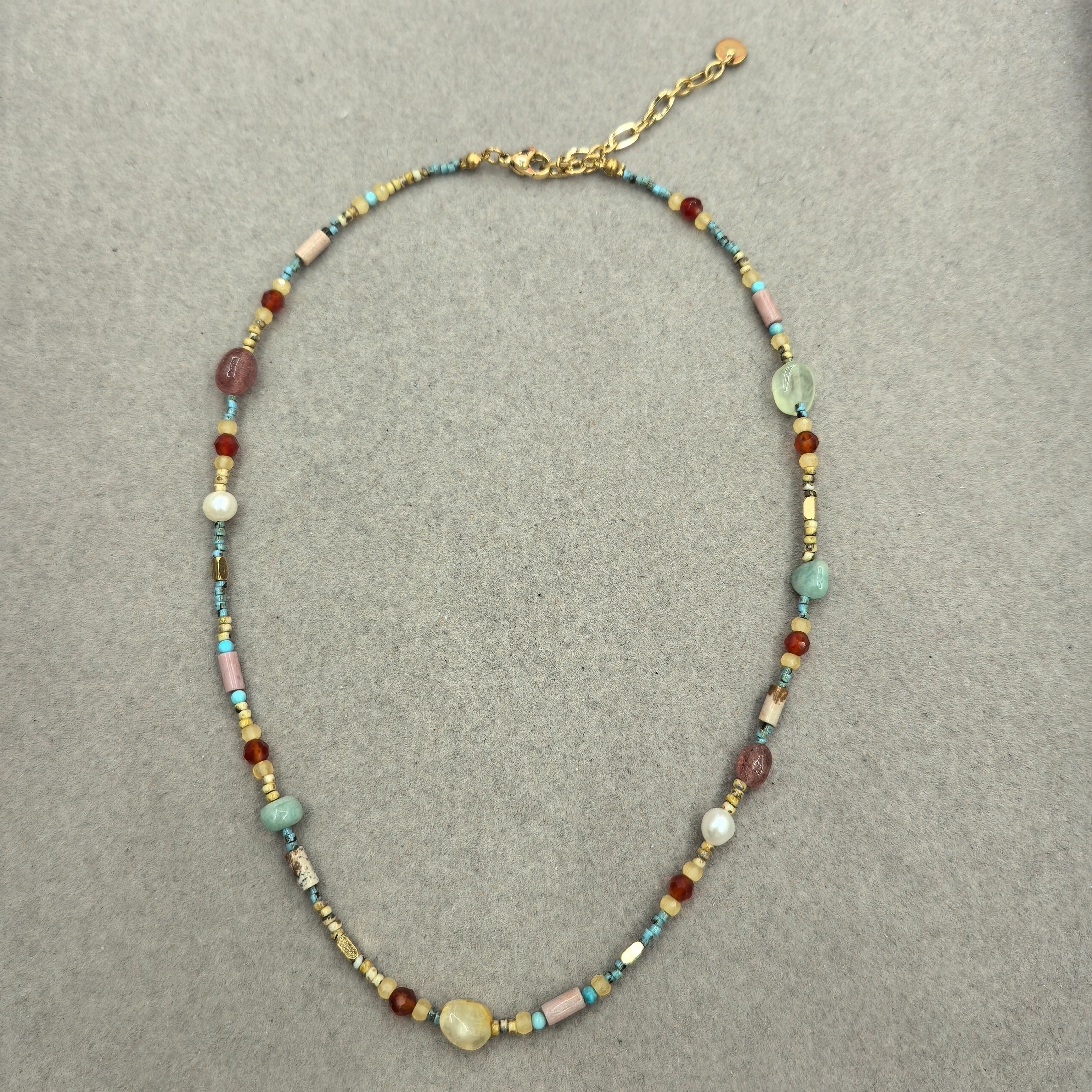 日系复古文艺绿松色米珠串珠多彩宝石简约气质波西米亚项链锁骨链