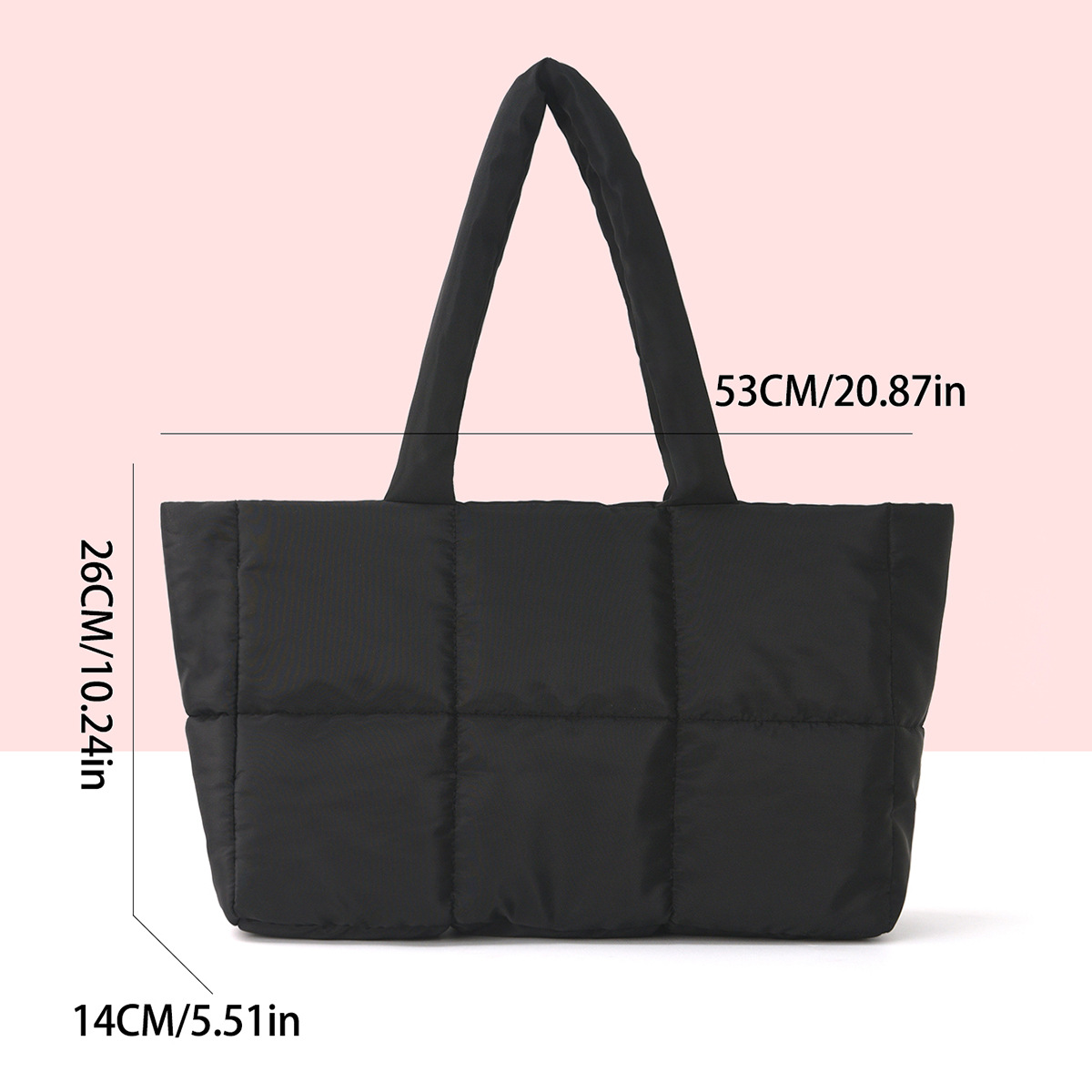 Cross-border best-selling tote bag, high-end and large-capacity fashionable cotton-padded jacket bag, 2024 autumn/winter commuting single-shoulder down bag Specification drawing