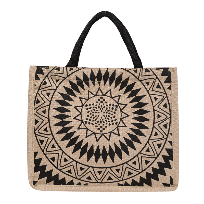 2023 new single-shoulder linen bag, geometric retro and simple shopping bag, Korean-style large-capacity hand-held tote bag Item Picture