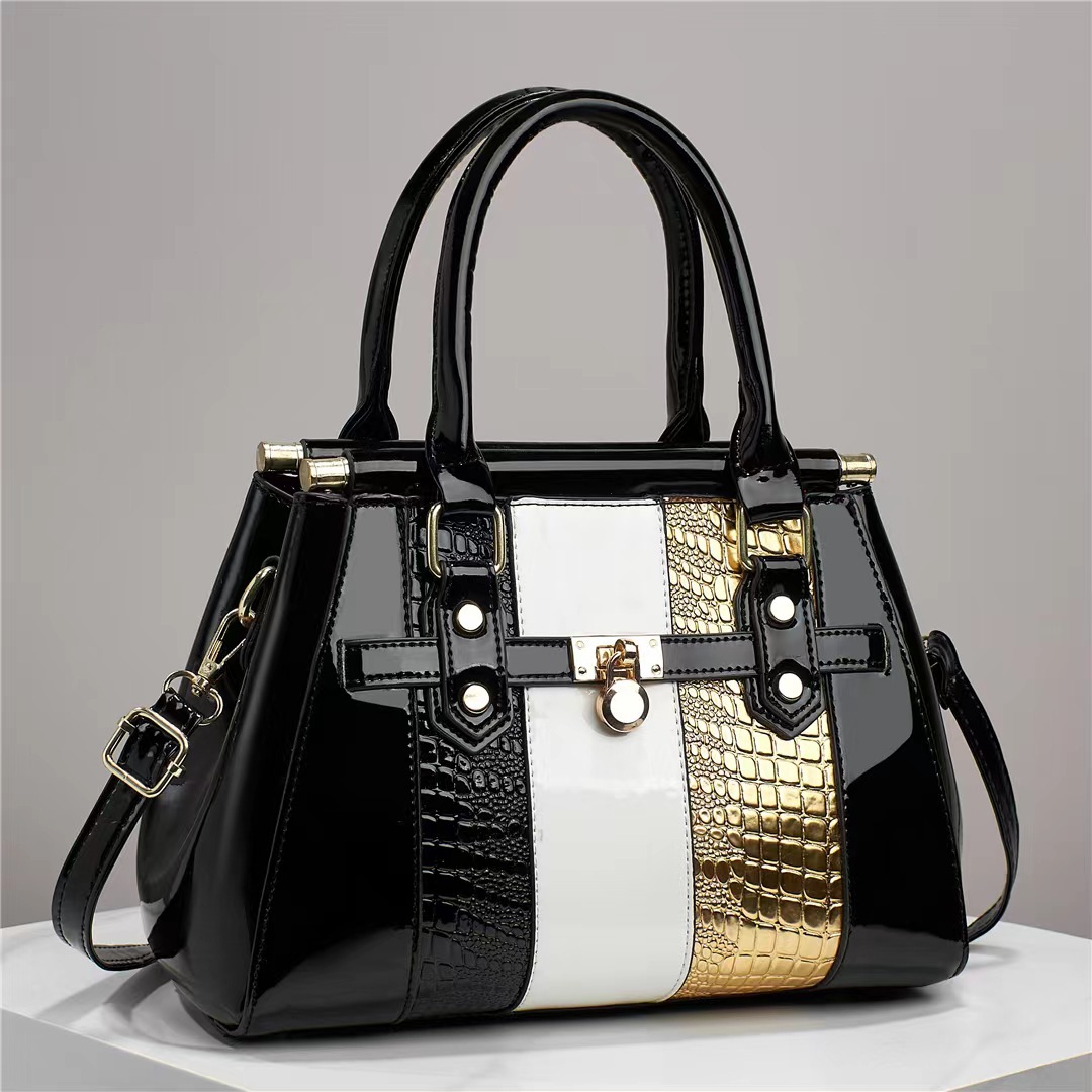 2023 new vertical spliced bright leather lizard pattern cross-border large capacity single-shoulder diagonal cross texture stylish large women's bag details Picture