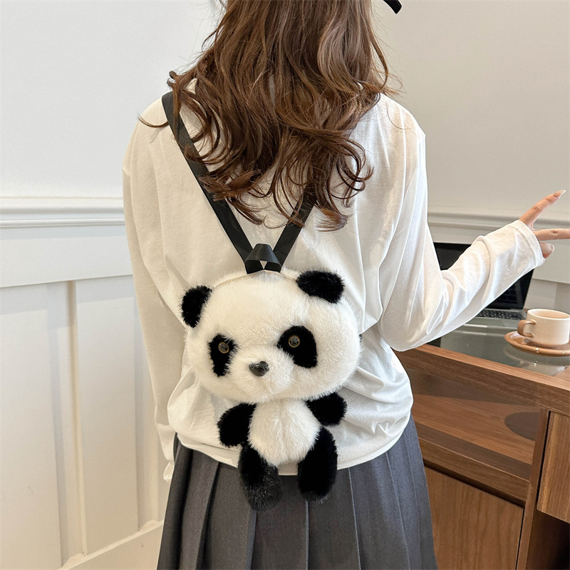 New cartoon panda bag 2024, cute single-shoulder double-back crossbody bag, mink fur backpack, claw machine doll exchange Application Scenario