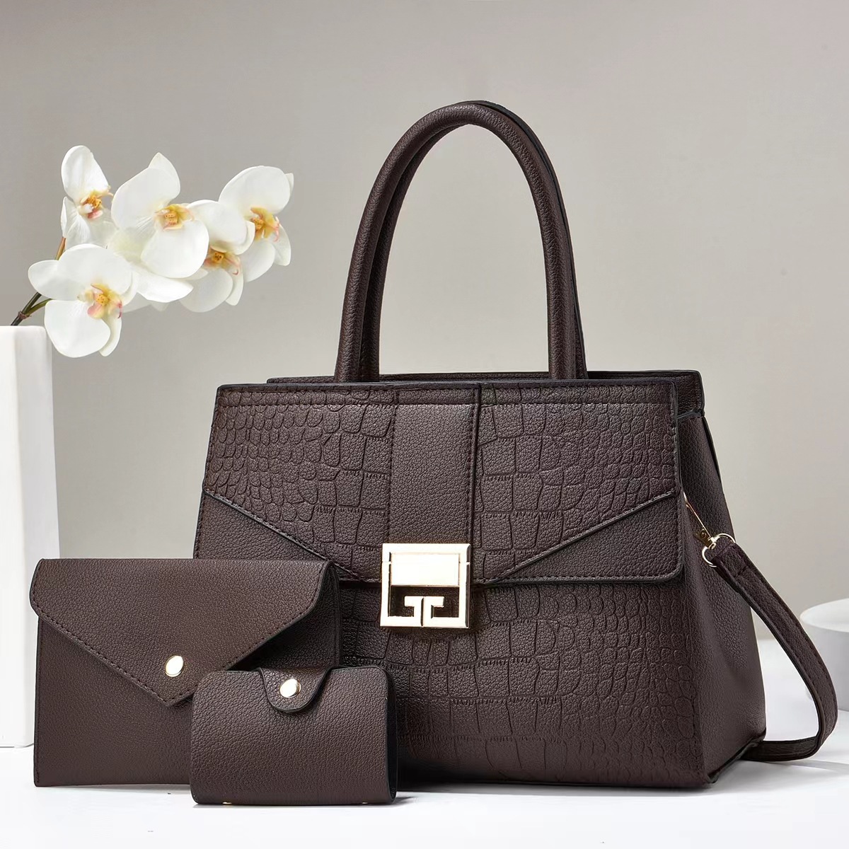 Foreign trade three-piece set: Women's bag, texture hand-held buns, mother bag, stone-patterned single-shoulder bag, large-capacity combination bag full figure