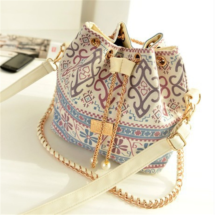 Wholesale of 2020 export canvas bags, Korean version drawstring hand-held women's bags, single-shoulder pearl chain bucket bags for women full figure