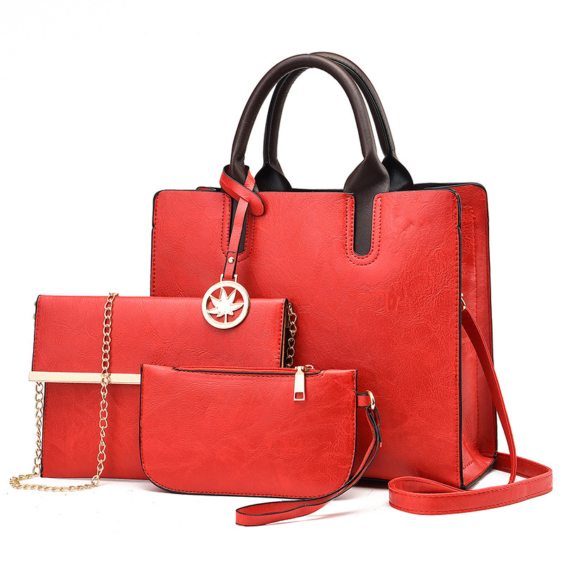 Three-piece PU women's bag set 2022 new style mother-and-child bag, European and American large-capacity women's handbag, single-shoulder crossbody bag consignment Specification drawing