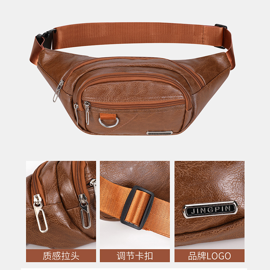 A variety of men's PU leather waterproof waist bags, business crossbody bags, casual and versatile crossbody bags, large-capacity cash register chest bags details Picture