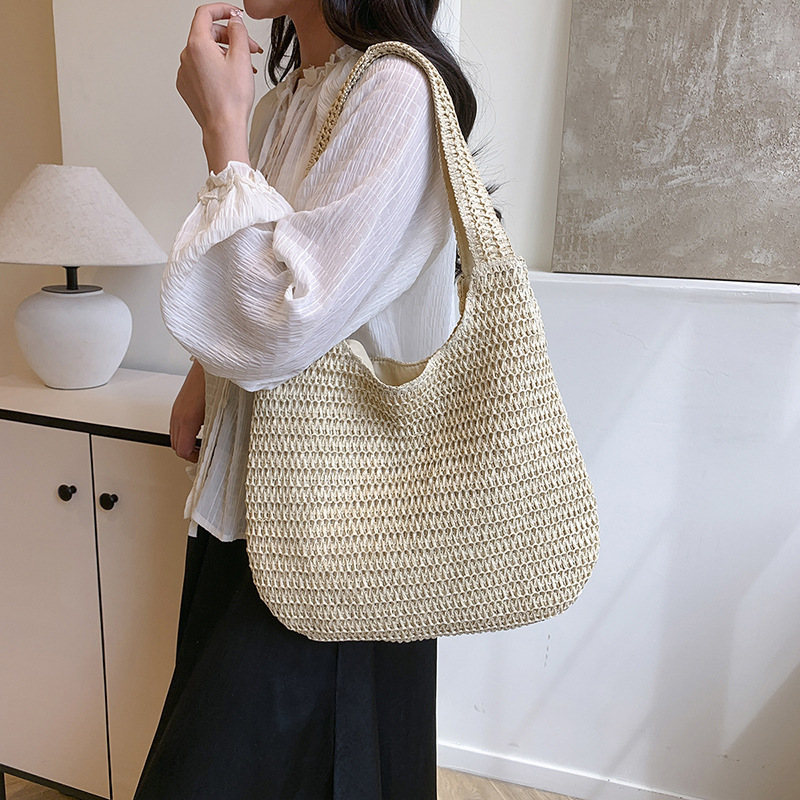 ins simple and versatile straw woven bag, solid color large capacity hand-crocheted woven bag, single-shoulder hand-carry beach bag Specification drawing