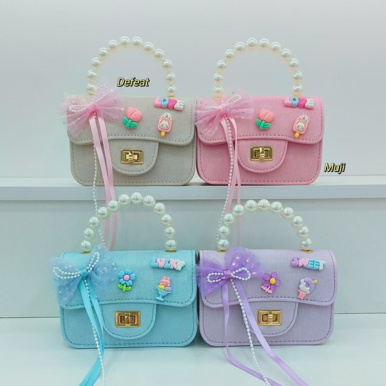 Bow tassel princess bag, pearl handbag, shoulder bag, little girl crossbody bag, small square bag, loose change accessory bag details Picture