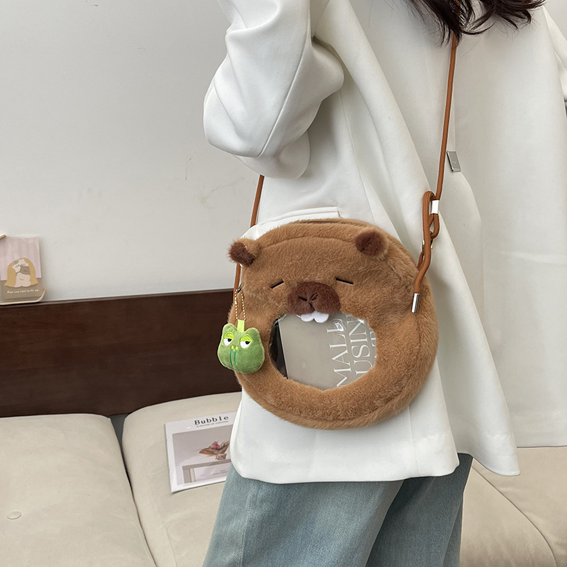 New Capibara see-through plush bag, slanted capybara small round bag, cute and girlish, large-capacity coin purse bag Specification drawing