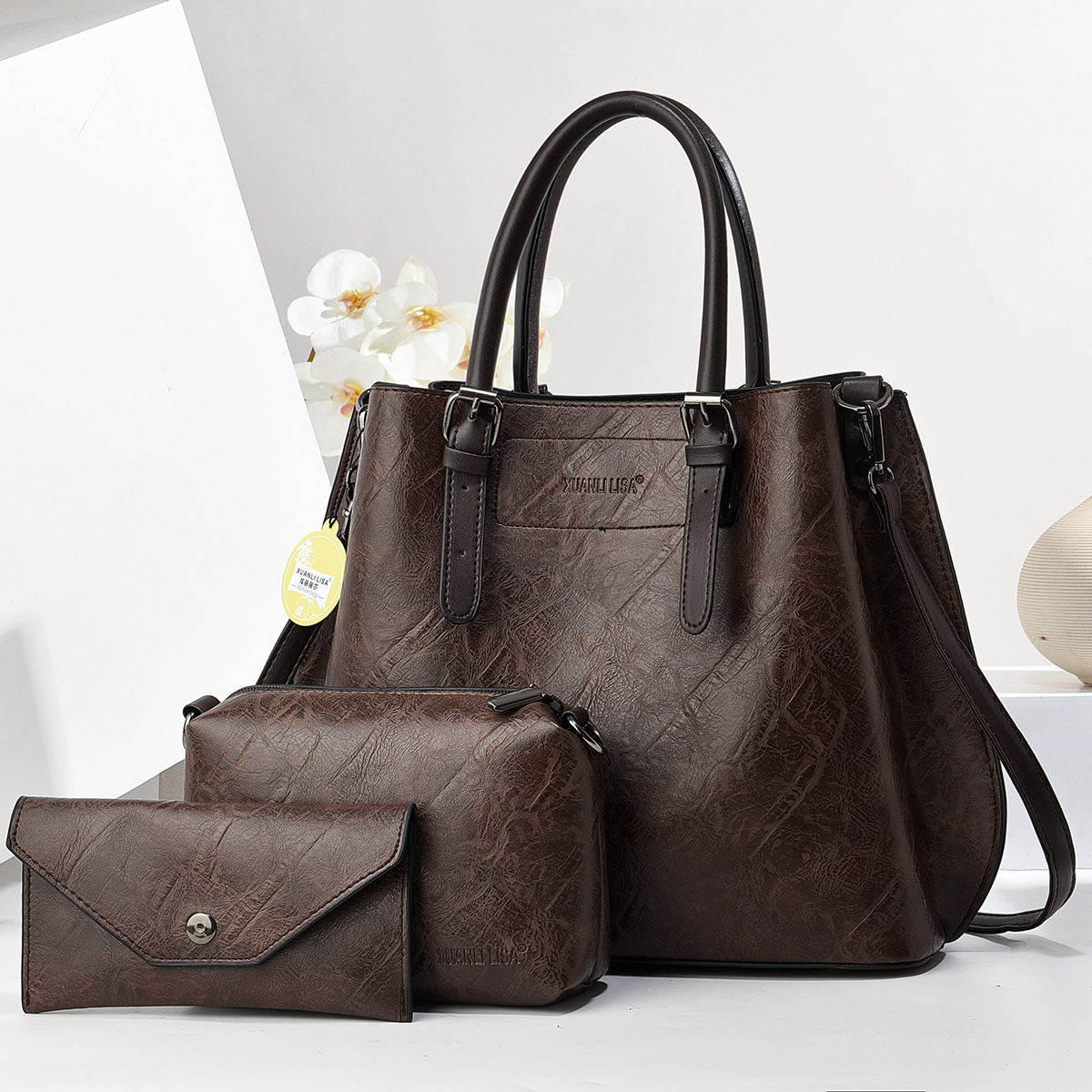 Three-piece women's bag set 2025 New style, elegant mother-and-child bag, simple and versatile large bag, retro pu hand-held shoulder crossbody bag details Picture