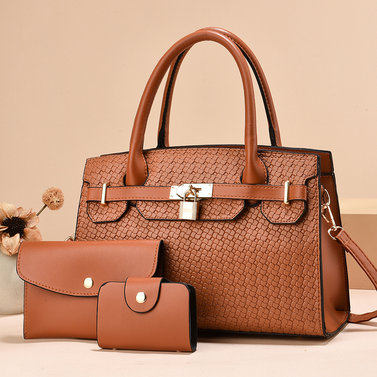 Three-piece set woven fabric mother and child bag factory direct sales New women's bag, fashionable and versatile casual single-shoulder crossbody bag full figure