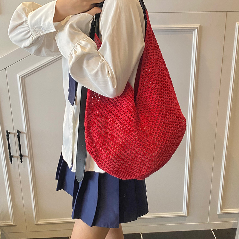2025 New niche ins hollowed-out patchwork woven bag, summer casual seaside vacation beach single-shoulder armpit bag Specification drawing