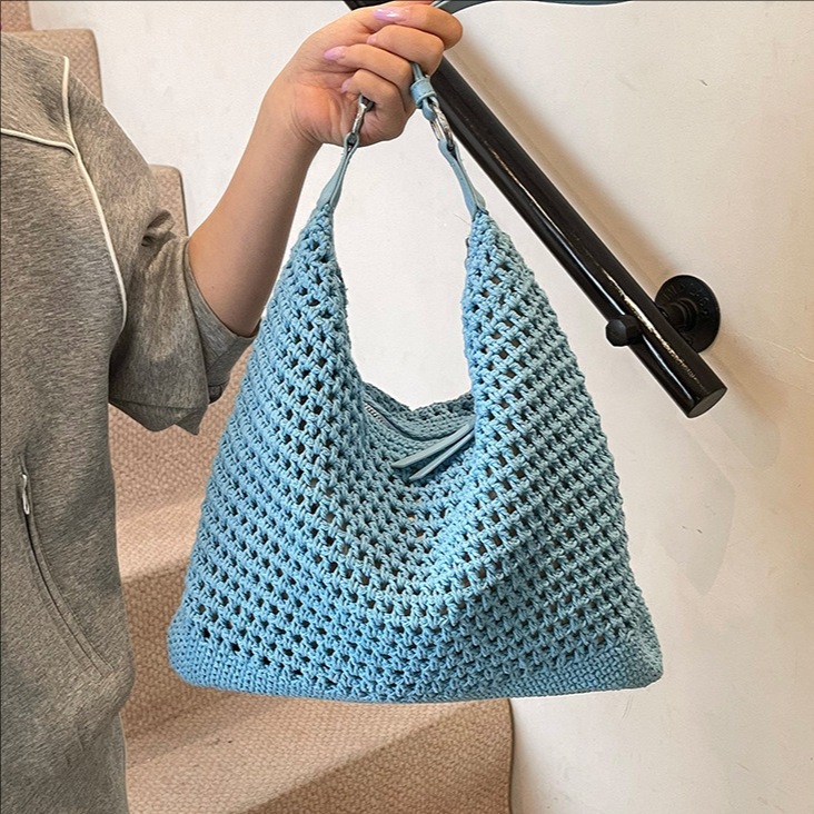 Cross-border large-capacity cotton thread woven underarm bag for women 2025 New style hollowed-out seaside vacation and beach travel single-shoulder bag Specification drawing