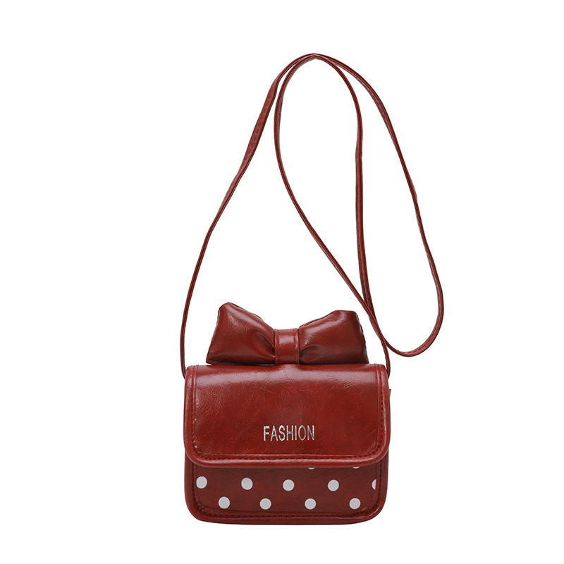 Children's bag, Korean cute girl bow small square bag, retro oil leather round polka dot parent-child crossbody bag, red envelope opening Item Picture