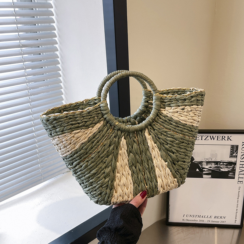 Large-capacity hand-held straw woven bag, new wide striped hand-held woven bag, vacation beach bag, color-blocking and versatile tote bag details Picture