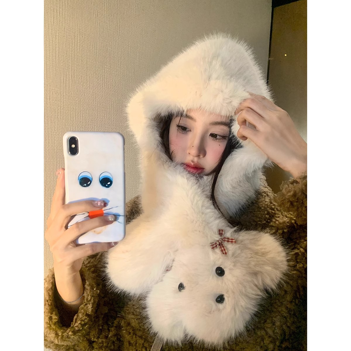 Cute bow bow puppy fur hat for women, winter hat and scarf in one, versatile, cold-proof, warm and ear-protecting Lei Feng hat full figure
