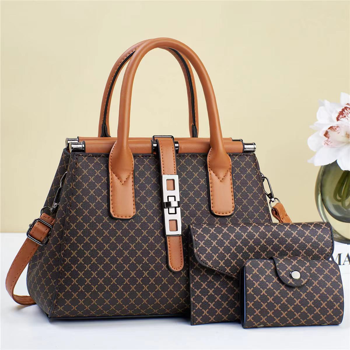 2024 New Cordyceps pattern soft leather three-piece set, high-quality, large-capacity cross-border single-shoulder hand-carry women's bag, large bag full figure