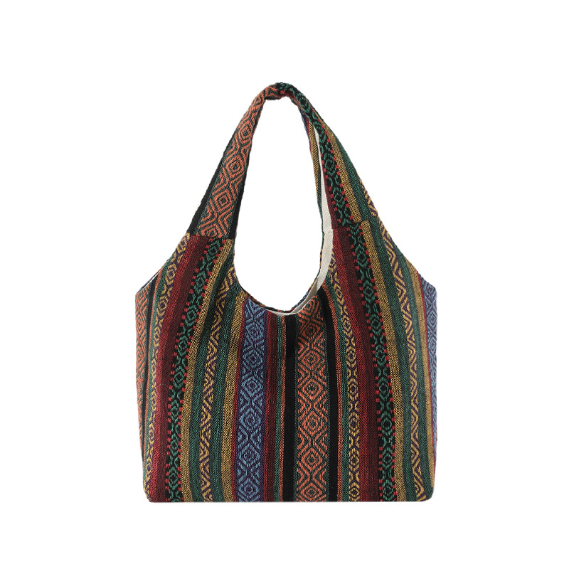 The 2024 new ethnic-style striped single-shoulder bag is fashionable, simple and has a large capacity slanted bucket Item Picture