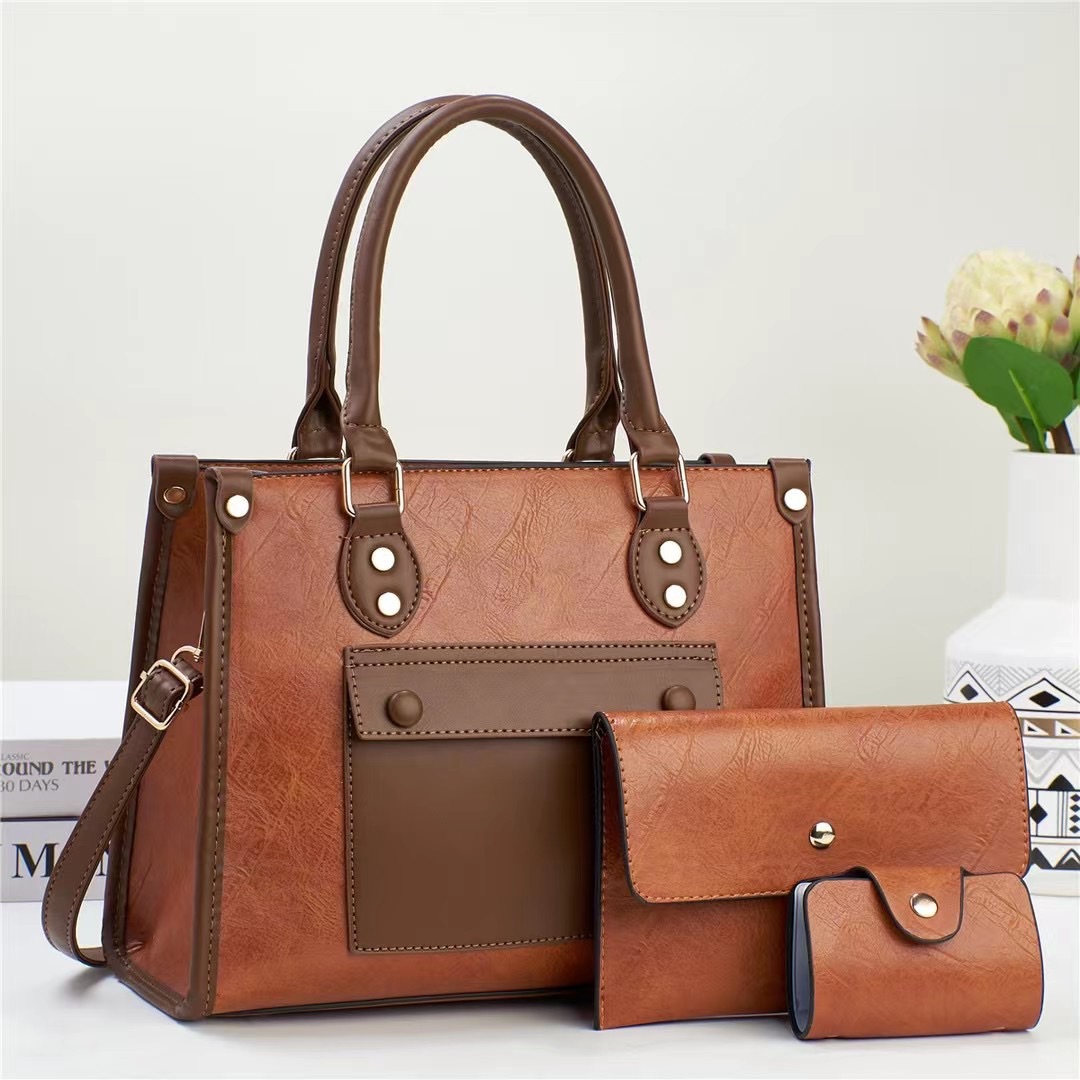 Quality three-piece set 2024 new retro pattern simple texture mother-and-child bag, large capacity cross-border single-shoulder hand-carry women's bag details Picture