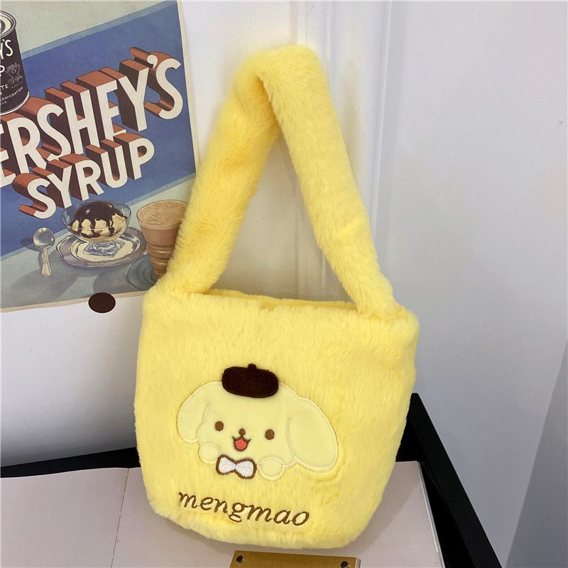 Storage bag, plush toy, new handbag, Melody Cinnamon Dog, Kuromi Pudding Dog, Pacha dog bucket bag Item Picture