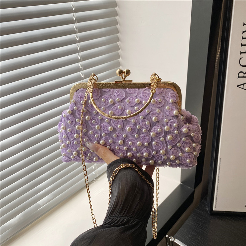 Beaded hand-held evening bag 2025 Summer New style elegant purple single-shoulder chain crossbody bag full figure