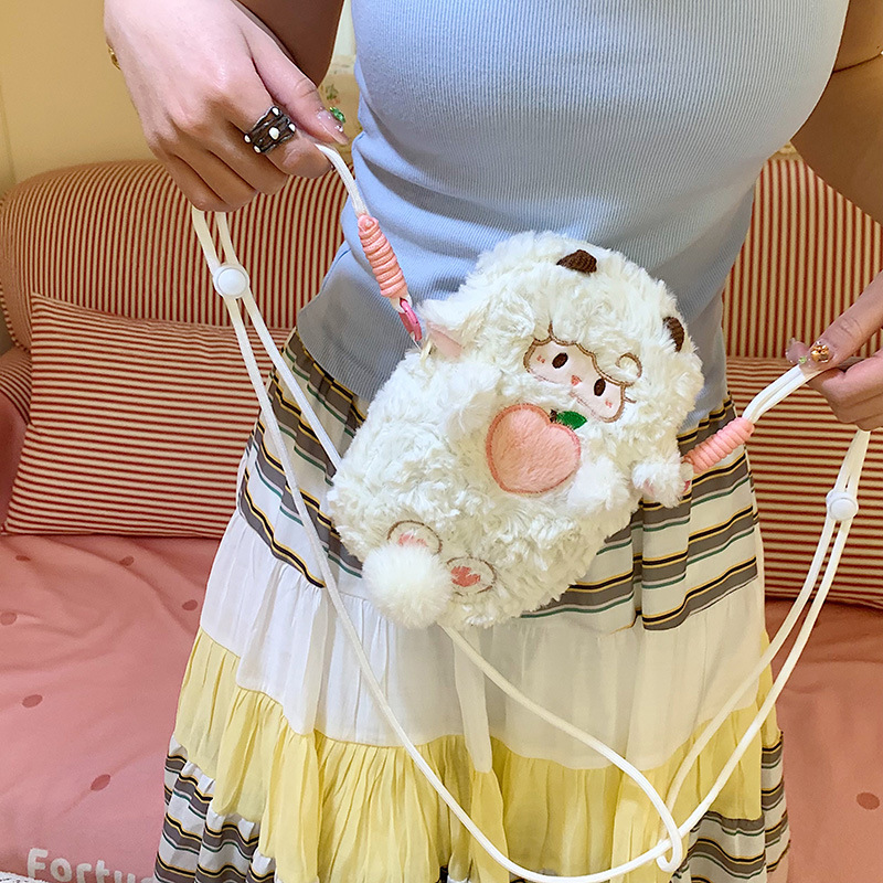New cute little sheep plush bag, cartoon doll, crossbody bag, girlish mobile phone bag, claw machine doll for exchange details Picture
