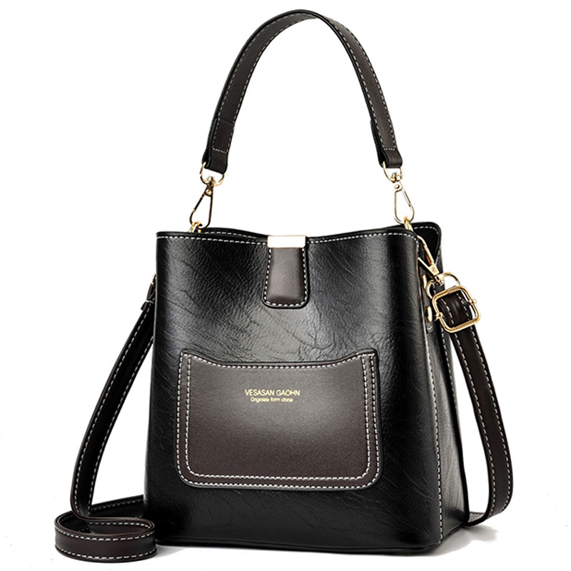 New 2022 ladies' bucket bag, fashionable color-blocking handbag, Korean-style solid color retro single-shoulder bag, casual crossbody bag Item Picture