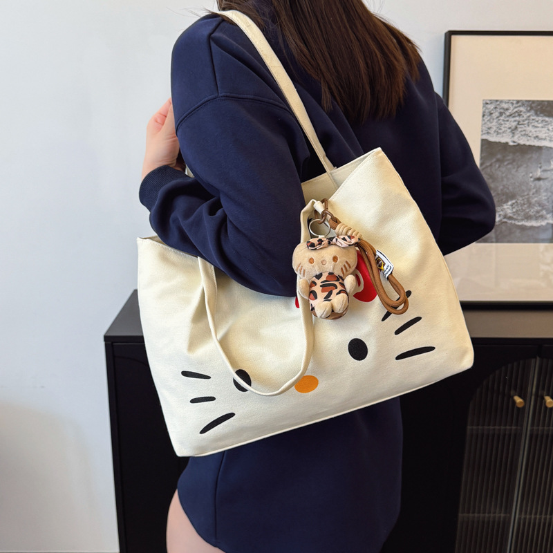 Large-capacity cartoon canvas bag for women, 2025 new style cartoon cute single-shoulder tote bag, large-capacity hand-carry bag details Picture