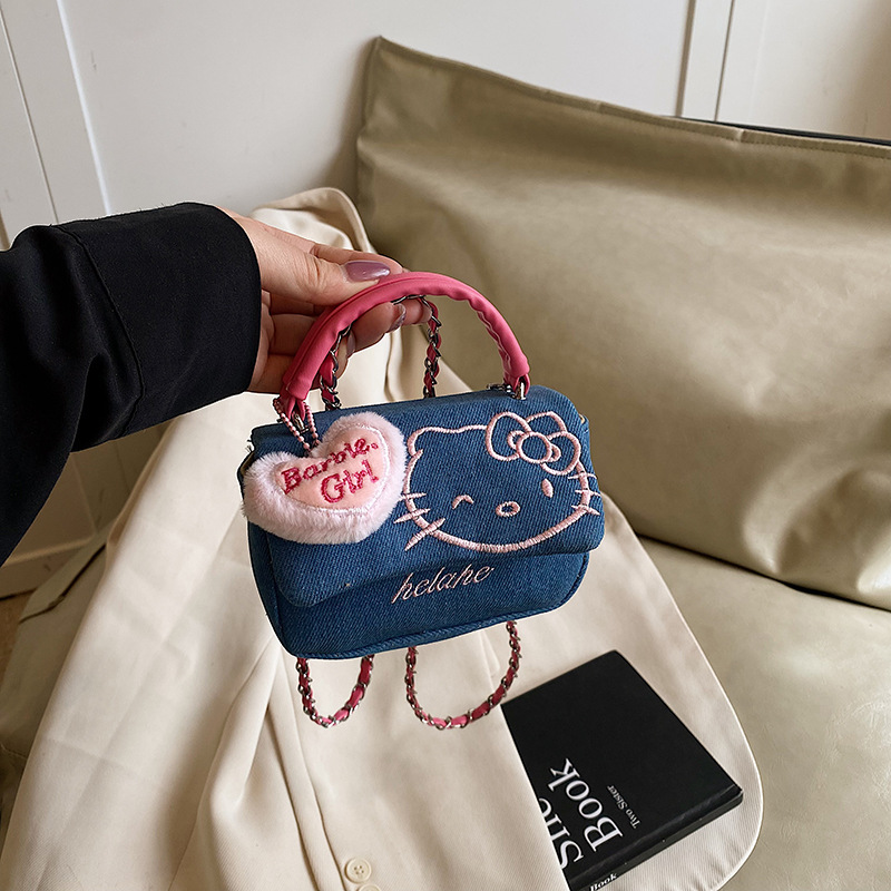hellokitty denim hand-held women's bag, Korean embroidered thread little Chanel-style cartoon cute girl bag, children's crossbody bag Specification drawing