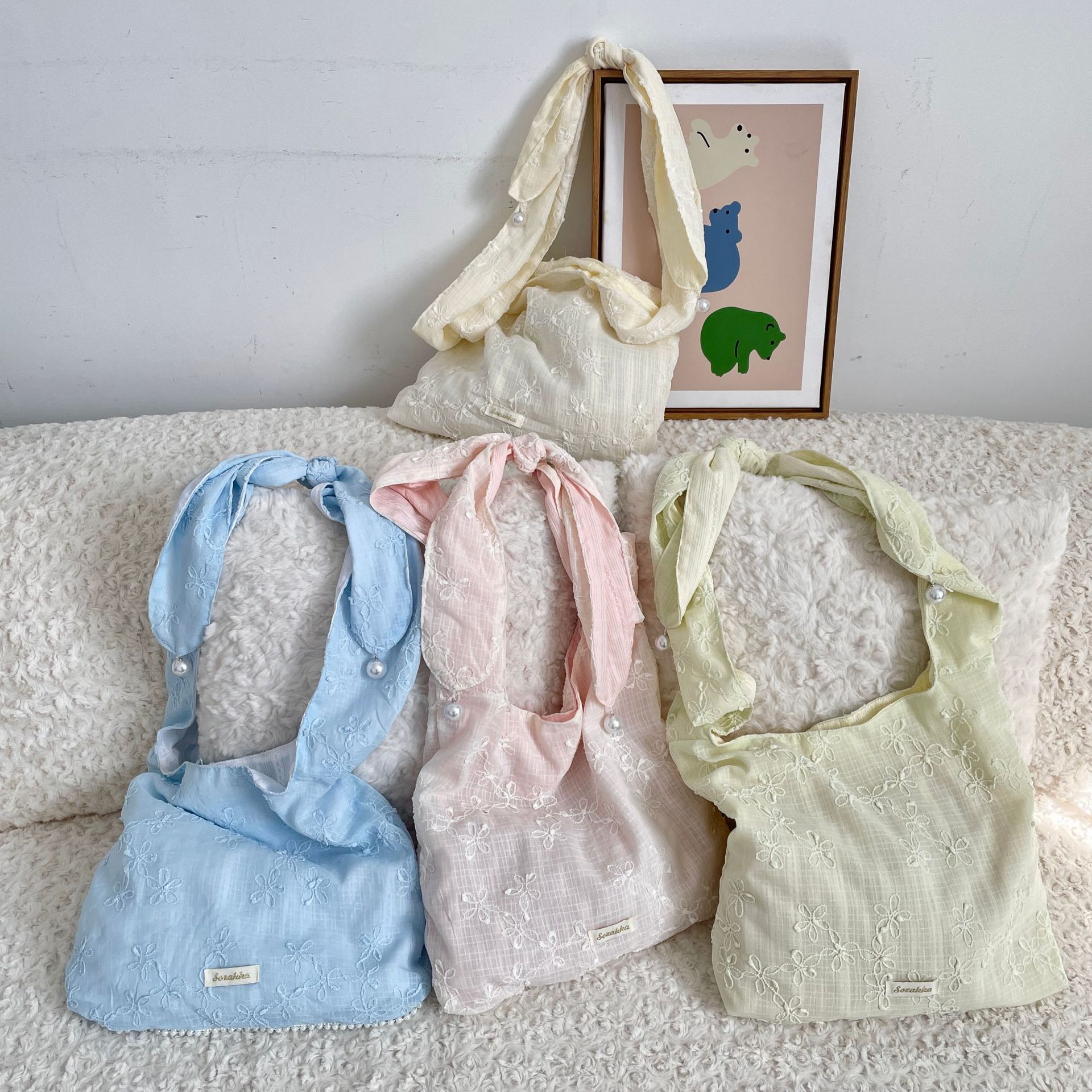 53233 Summer Fresh and Delicate Chiffon small flower single-shoulder bag, fairy embroidery canvas bag, hand-held armpit crossbody bag full figure