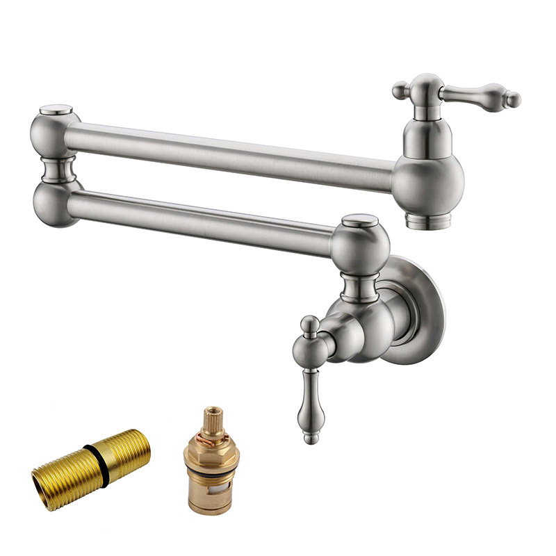 North American all-copper antique single-cooling kitchen stove, folding faucet, brushed wall-mounted double-switch telescopic faucet Item Picture