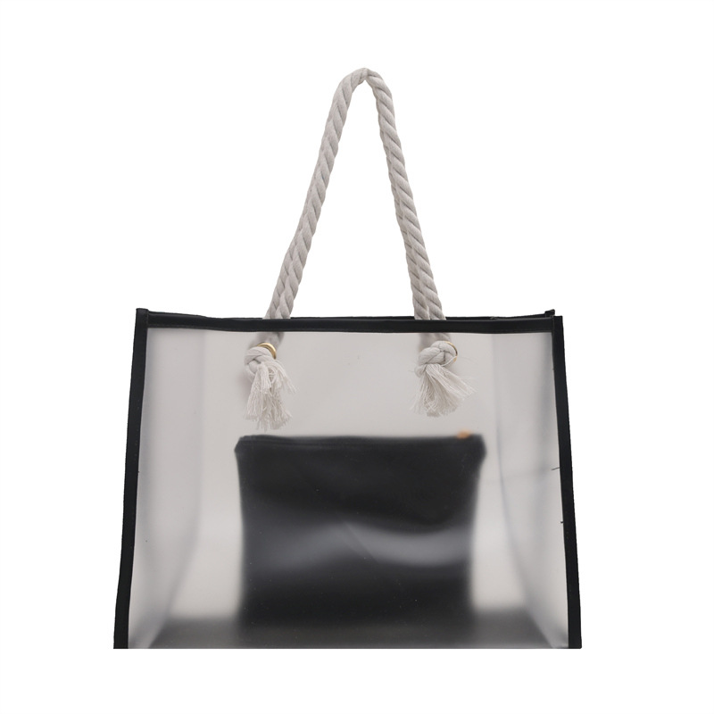 Pink pvc colorful handbag, large-capacity gift shopping bag, transparent waterproof cosmetics, and linen rope hand-held bag Item Picture