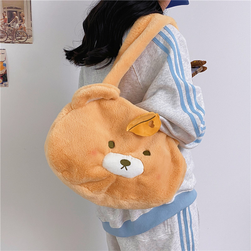 Cute bear plush bag, large-capacity student shoulder bag 2023, Japanese-style girl's fluffy hand-held tote bag Specification drawing