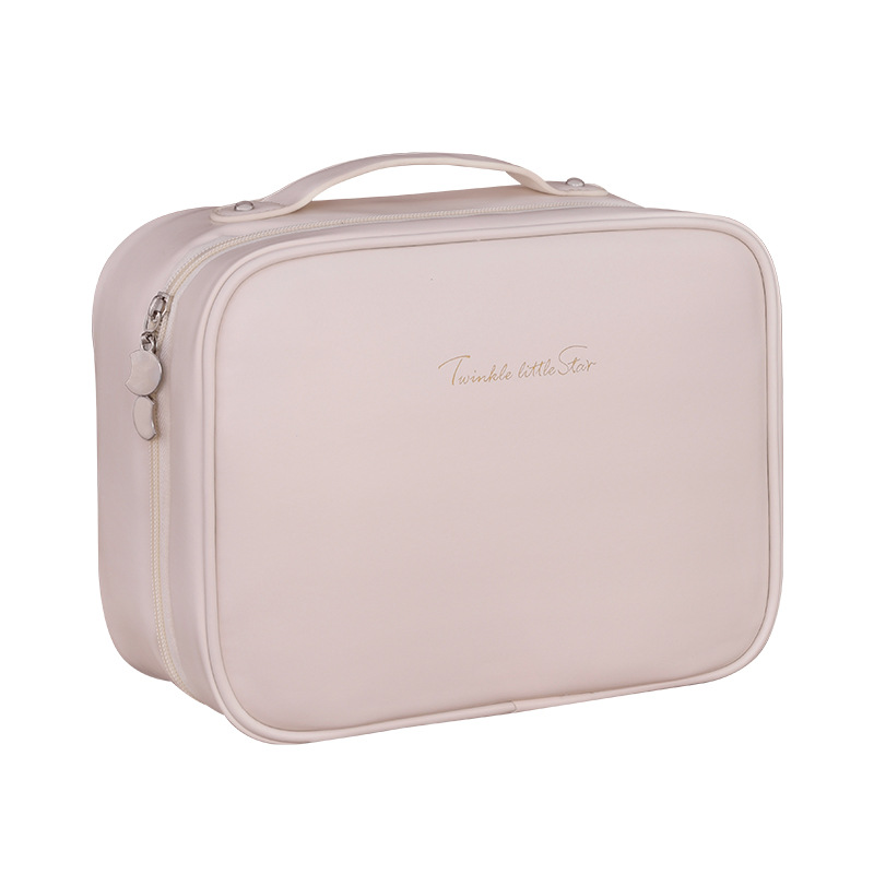 Three-in-one multi-functional zoned storage PU makeup bag with large capacity and high-end feel, portable hand-held makeup brush storage bag Item Picture