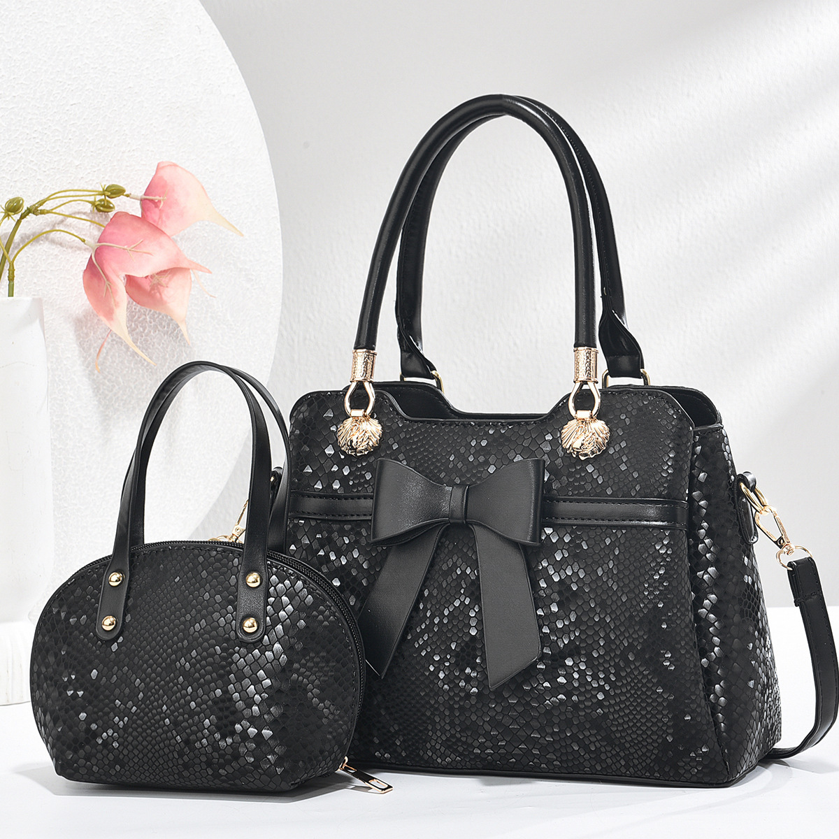 Two-piece set of new snake-patterned mother and child bag, fashionable sequined butterfly handbag, cross-border versatile, large-capacity single-shoulder bag full figure
