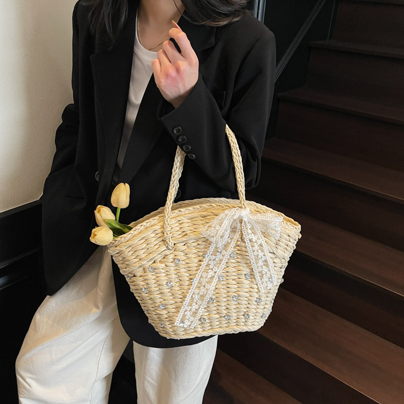 Seaside vacation beach handmade straw woven handbag for women, new style 2025 summer, large capacity drawstring with a vegetable basket, single-shoulder bag Specification drawing
