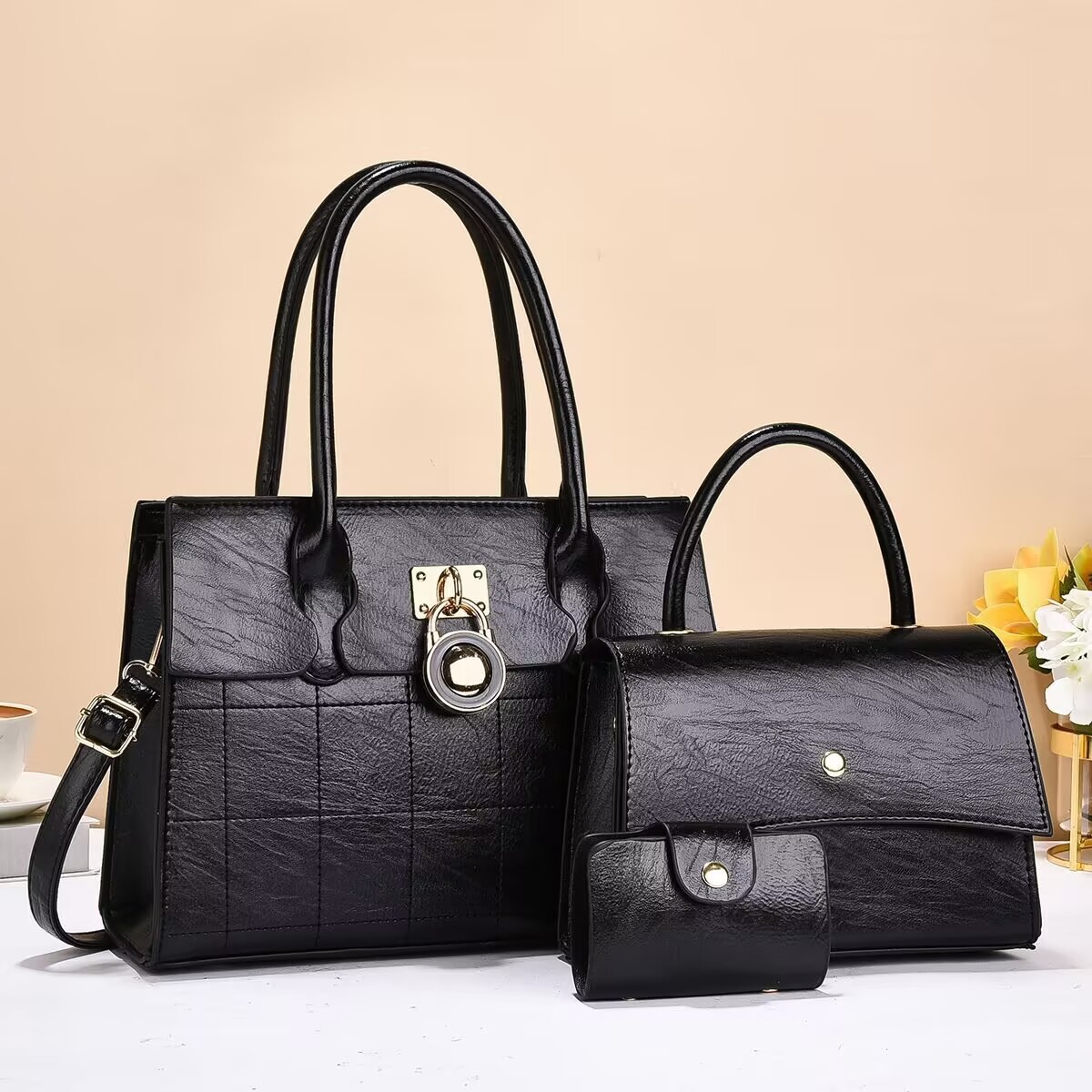Three-piece set of fashionable tote bag, solid color single-shoulder crossbody bag, large capacity handbag, for women, 2025 new style, Korean style, trendy full figure