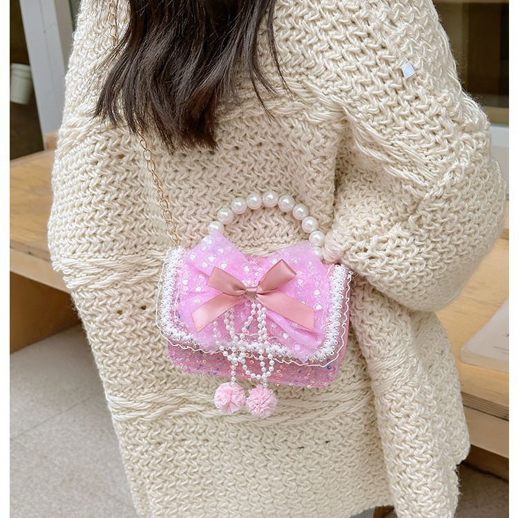 Autumn and winter Korean version bow camellia children's bag Pearl hand-held lace trim kindergarten girl crossbody bag Specification drawing