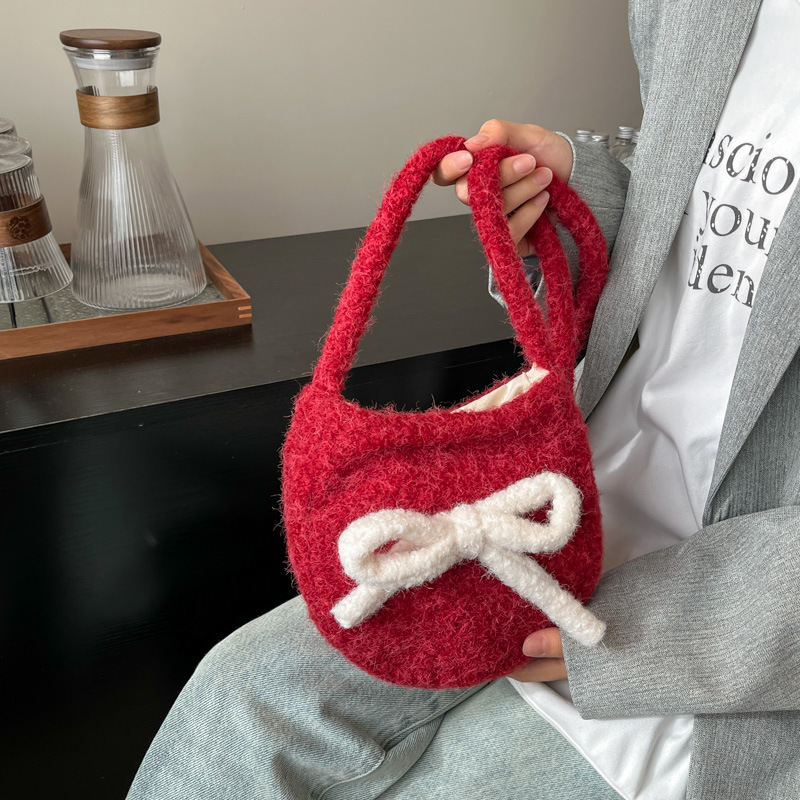 Simple plush bow single-shoulder crossbody bag 2025 new style ins versatile, casual and trendy single-shoulder bag full figure