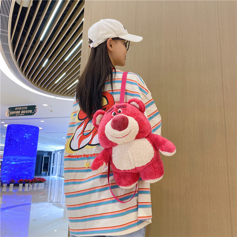 Cartoon strawberry bear 3D funny backpack, Japanese-style soft girl accessory bag, cute children's backpack, plush bag Specification drawing