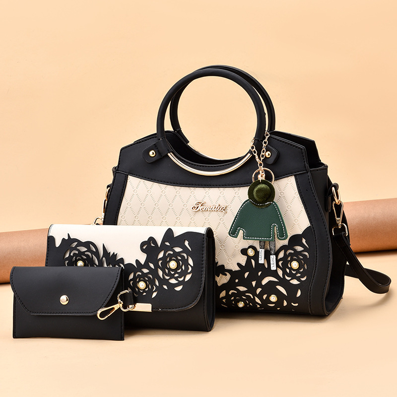 Cross-border foreign trade three-piece set mother-and-child bag 2022 New PU fashionable ethnic style hollowed-out women's bag large capacity handbag full figure