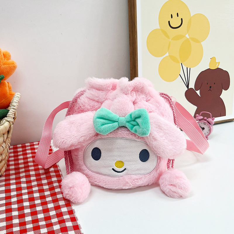 Cartoon Sanrio plush toy, cute drawstring, versatile cinnamon dog, Kuromi handbag, storage bag, coin purse Specification drawing