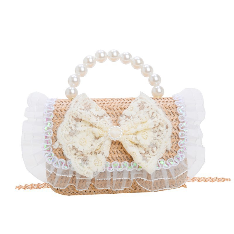 2025 Summer New bow straw woven bag, pearl hand-held crossbody small chanel-style fashionable children's bag, girls' backpack Item Picture