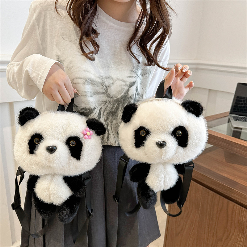New cartoon panda bag 2024, cute single-shoulder double-back crossbody bag, mink fur backpack, claw machine doll exchange full figure