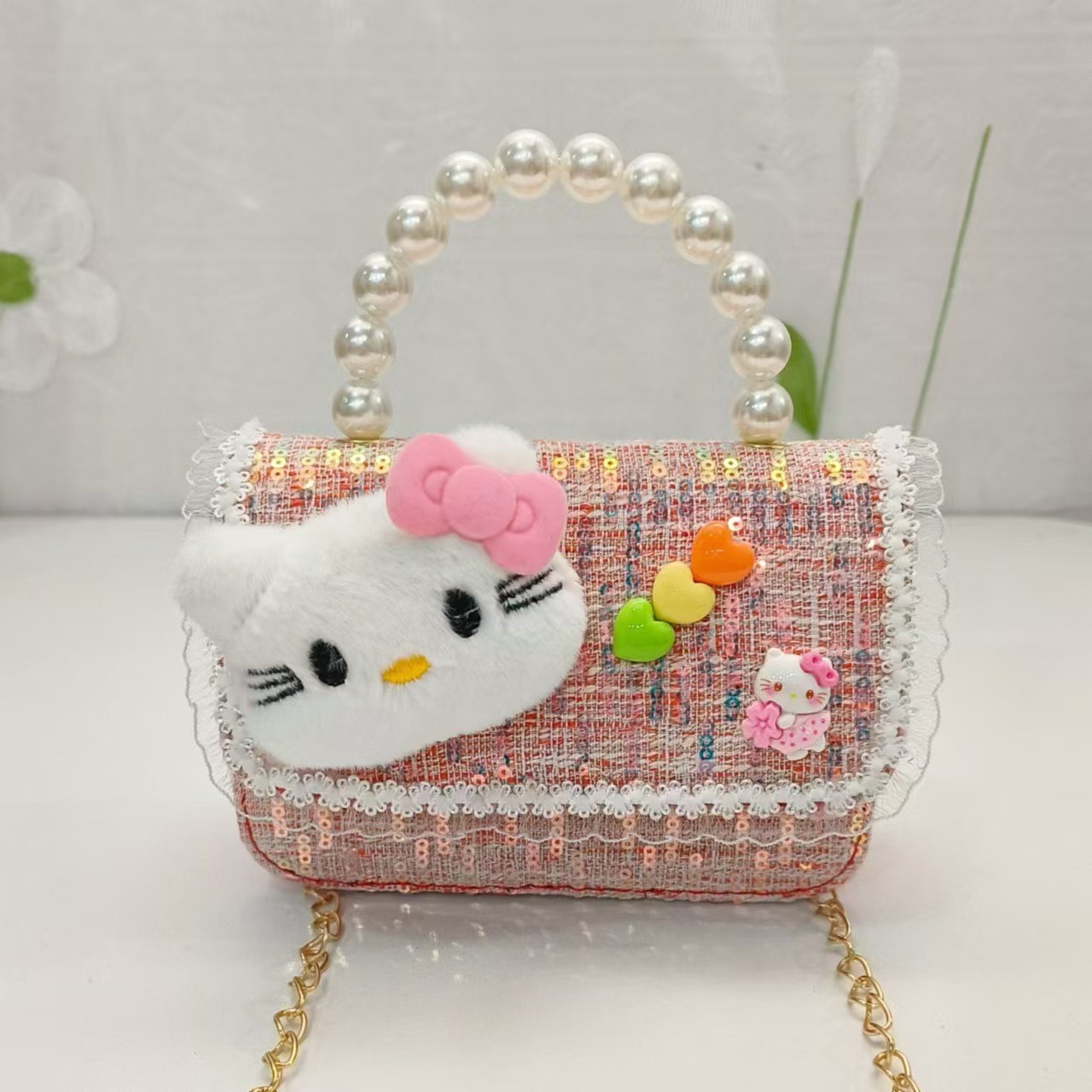 Cartoon pearl handbag, single-shoulder crossbody small chanel-style loose change accessory bag, children's small square bag, chain girl backpack full figure